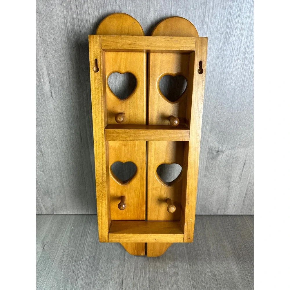 Vintage Wooden Heart Wall Shelf Peg Hooks Country Cottage Folding Spice Rack